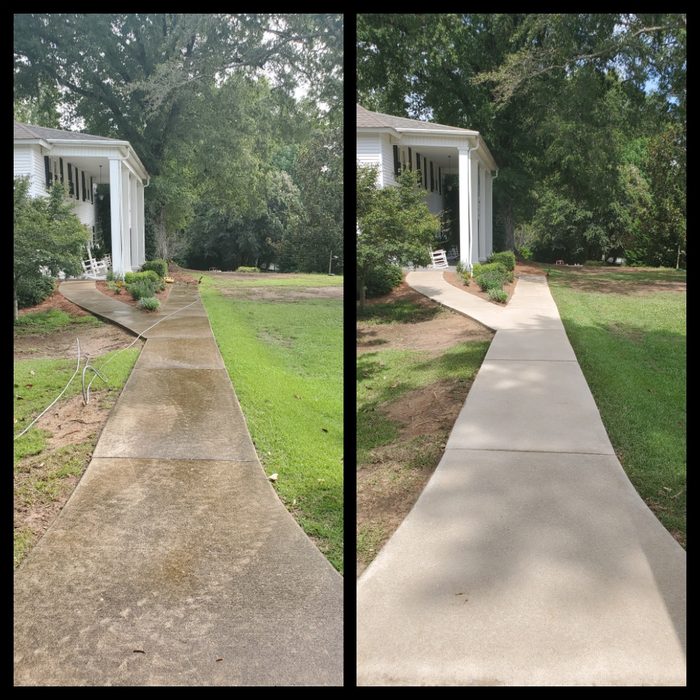 Sidewalk before and after pressure washing by Powell Pro Wash