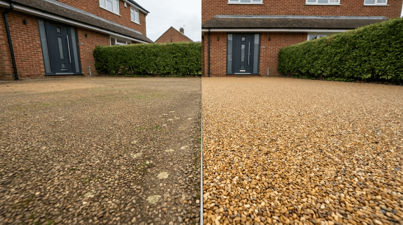 Driveway before and after pressure washing by Powell Pro Wash